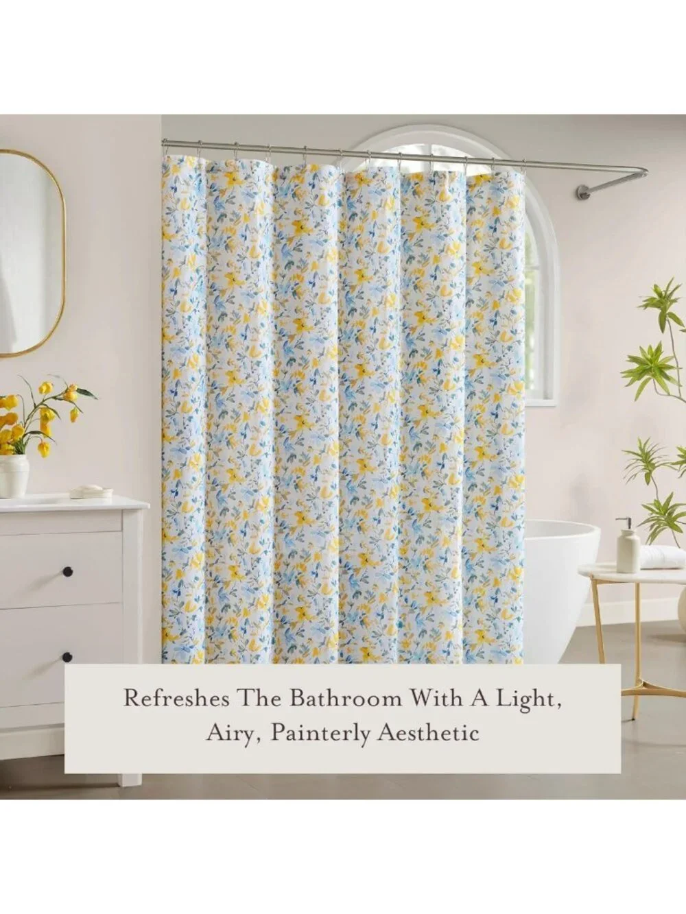 100% Cotton Floral Shower Curtain - Watercolor Botanical Design, Spa-Like Decor